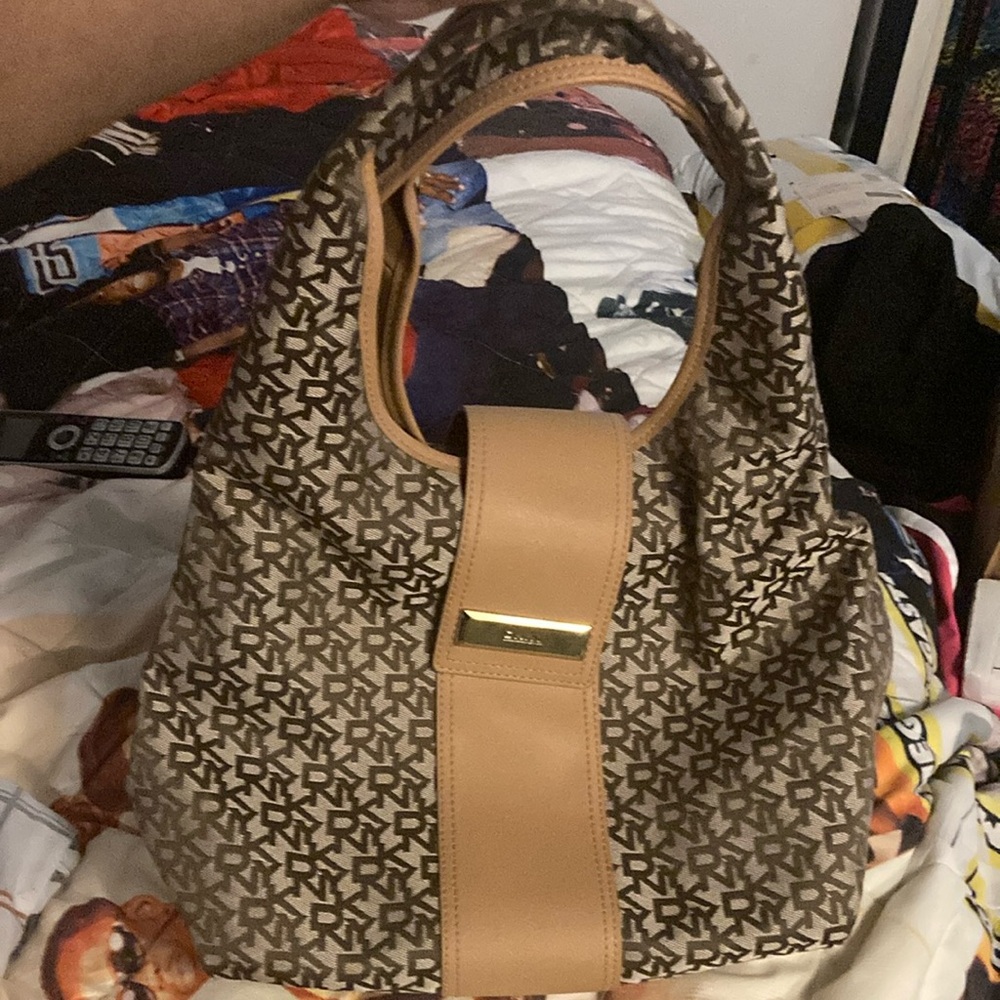 DKNY Brown and Tan Shoulder Bag with Monogram Print